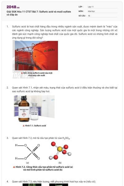 Giải SGK Hóa 11 CTST Bài 7: Sulfuric acid và muối sulfate có đáp án