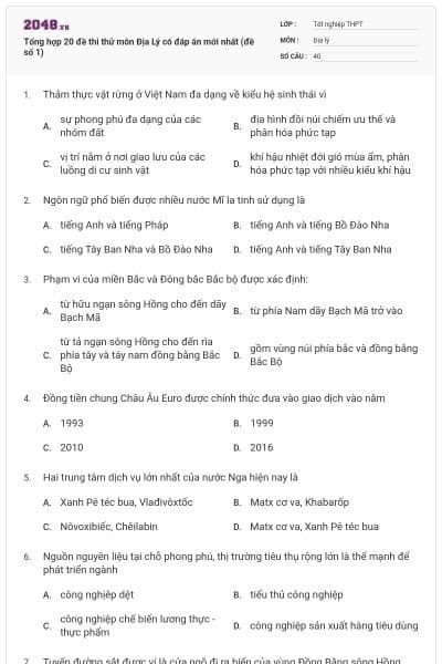 Tổng hợp 20 đề thi thử môn Địa Lý có đáp án mới nhất (đề số 1)