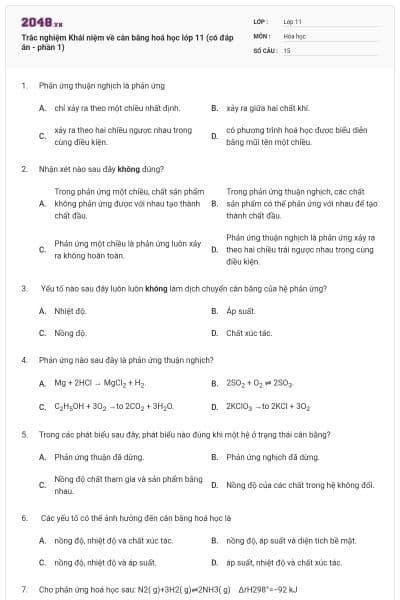 Trắc nghiệm Khái niệm về cân bằng hoá học lớp 11 (có đáp án - phần 1)