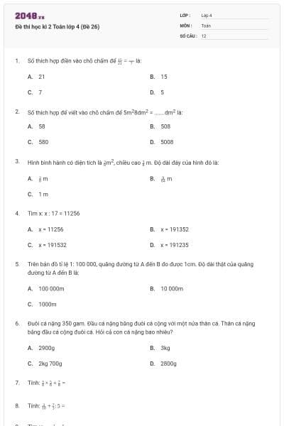Đề thi học kì 2 Toán lớp 4 (Đề 26)