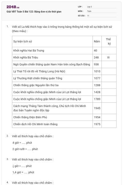 Giải VBT Toán 5 Bài 122: Bảng đơn vị đo thời gian