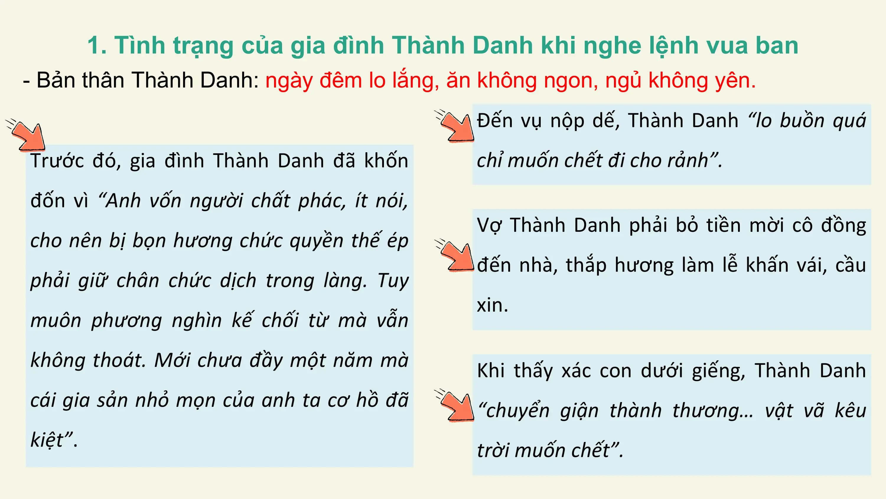 1. Tình trạng của gia đình Thành Danh khi nghe lệnh vua ban
- Bản thân Thành Danh: ngày đêm lo lắng, ăn không ngon, ngủ không yên.
 Đến vụ nộp dế, Thành Danh “lo buồn quá
Trước đó, gia đình Thành Danh đã khốn chỉ muốn chết đi cho rảnh”.
đốn vì “Anh vốn người chất phác, ít nói,
 Vợ Thành Danh phải bỏ tiền mời cô đồng
cho nên bị bọn hương chức quyền thế ép
 đến nhà, thắp hương làm lễ khấn vái, cầu
phải giữ chân chức dịch trong làng. Tuy
 xin.
muôn phương nghìn kế chối từ mà vẫn
không thoát. Mới chưa đầy một năm mà Khi thấy xác con dưới giếng, Thành Danh
cái gia sản nhỏ mọn của anh ta cơ hồ đã “chuyển giận thành thương… vật vã kêu
kiệt”. trời muốn chết”.