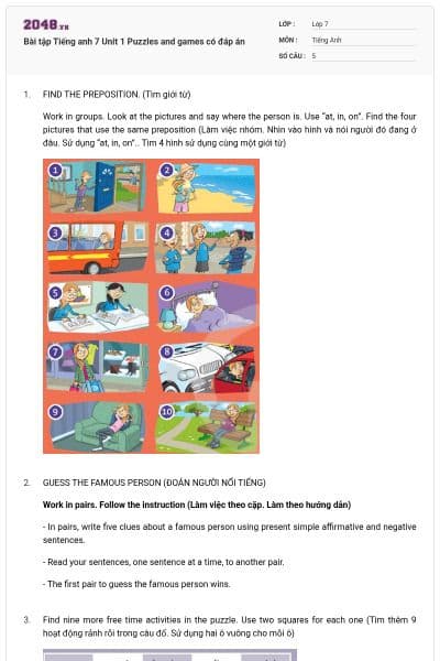 Bài tập Tiếng anh 7 Unit 1 Puzzles and games có đáp án