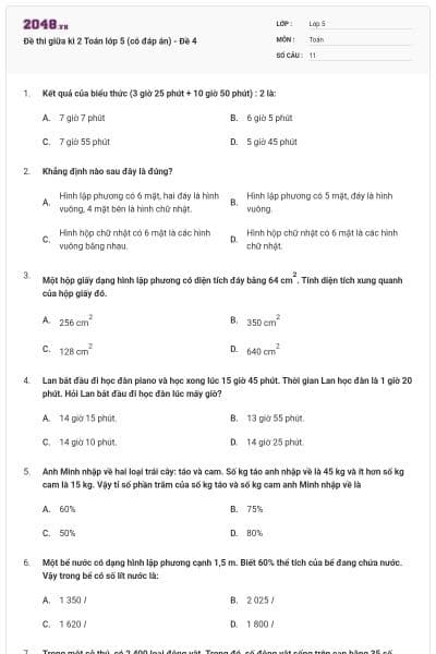 Đề thi giữa kì 2 Toán lớp 5 (có đáp án) - Đề 4