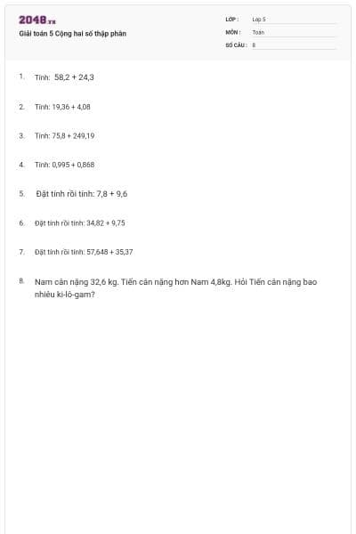 Giải toán 5 Cộng hai số thập phân