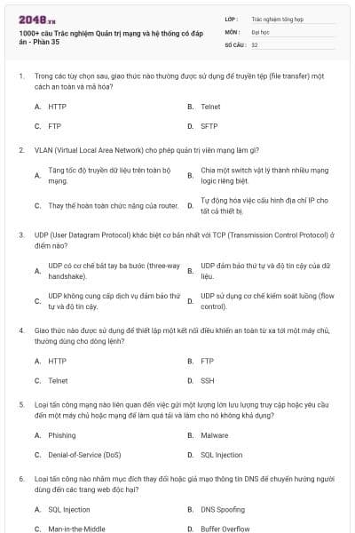 1000+ câu Trắc nghiệm Quản trị mạng và hệ thống có đáp án - Phần 35