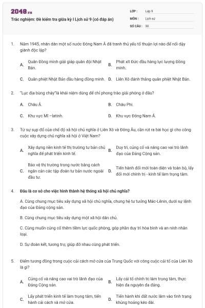 Trắc nghiệm: Đề kiểm tra giữa kỳ I Lịch sử 9 (có đáp án)