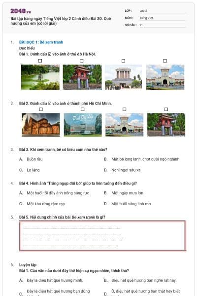 Bài tập hàng ngày Tiếng Việt lớp 2 Cánh diều Bài 30. Quê hương của em (có lời giải)