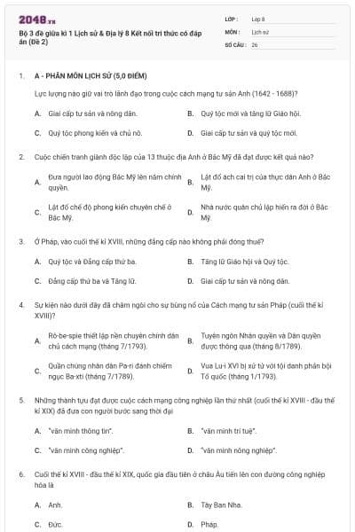 Bộ 3 đề giữa kì 1 Lịch sử & Địa lý 8 Kết nối tri thức có đáp án (Đề 2)