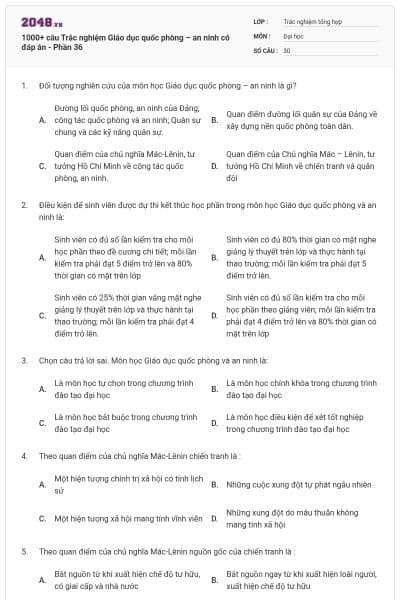 1000+ câu Trắc nghiệm Giáo dục quốc phòng – an ninh có đáp án - Phần 36
