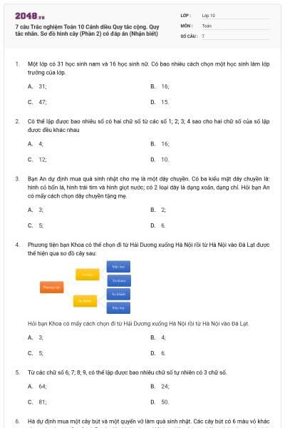 7 câu Trắc nghiệm Toán 10 Cánh diều Quy tắc cộng. Quy tắc nhân. Sơ đồ hình cây (Phần 2) có đáp án (Nhận biết)