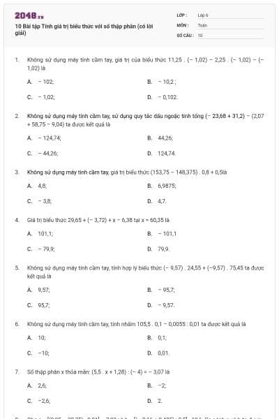 10 Bài tập Tính giá trị biểu thức với số thập phân (có lời giải)