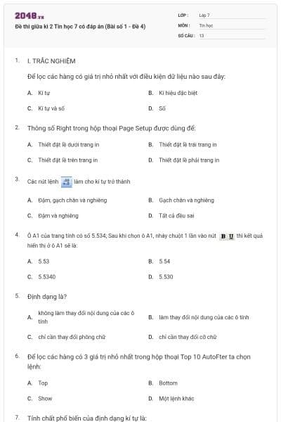Đề thi giữa kì 2 Tin học 7 có đáp án (Bài số 1 - Đề 4)