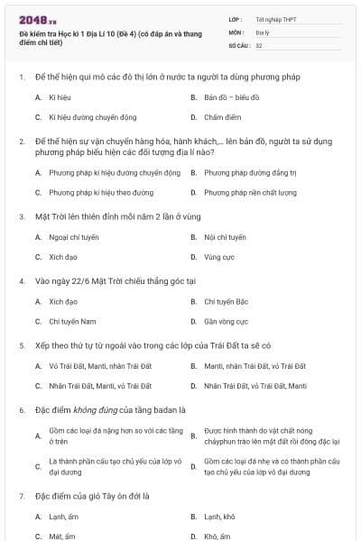 Đề kiểm tra Học kì 1 Địa Lí 10 (Đề 4) (có đáp án và thang điểm chi tiết)