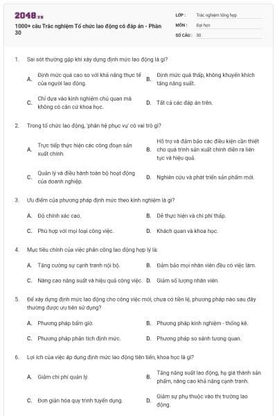 1000+ câu Trắc nghiệm Tổ chức lao động có đáp án - Phần 30