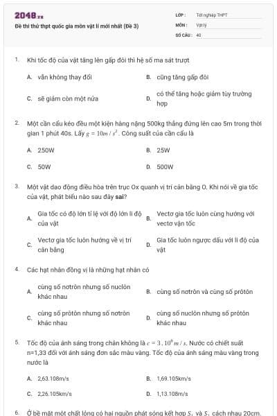 Đề thi thử thpt quốc gia môn vật lí mới nhất (Đề 3)
