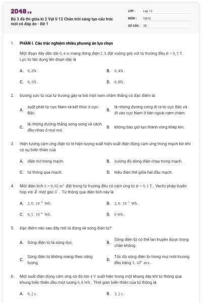 Bộ 3 đề thi giữa kì 2 Vật lí 12 Chân trời sáng tạo cấu trúc mới có đáp án - Đề 1