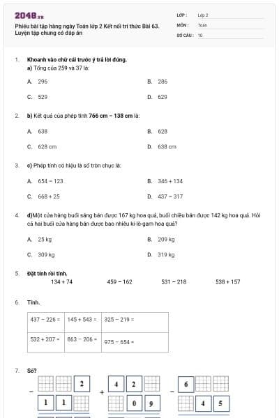 Phiếu bài tập hàng ngày Toán lớp 2 Kết nối tri thức Bài 63. Luyện tập chung có đáp án