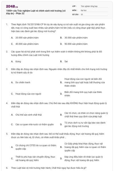 1000+ câu Trắc nghiệm Luật và chính sách môi trường (có đáp án) - Phần 32