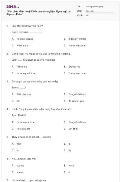 (Viên chức Mầm non) 5000+ câu trắc nghiệm Ngoại ngữ có đáp án - Phần 1