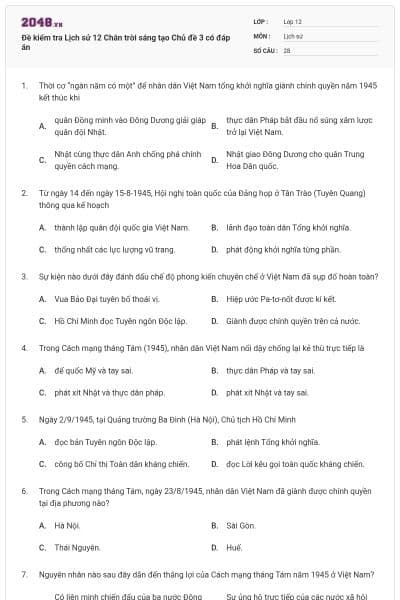 Đề kiểm tra Lịch sử 12 Chân trời sáng tạo Chủ đề 3 có đáp án
