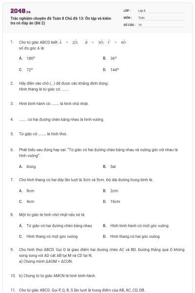 Trắc nghiệm chuyên đề Toán 8 Chủ đề 13: Ôn tập và kiểm tra có đáp án (Đề 2)