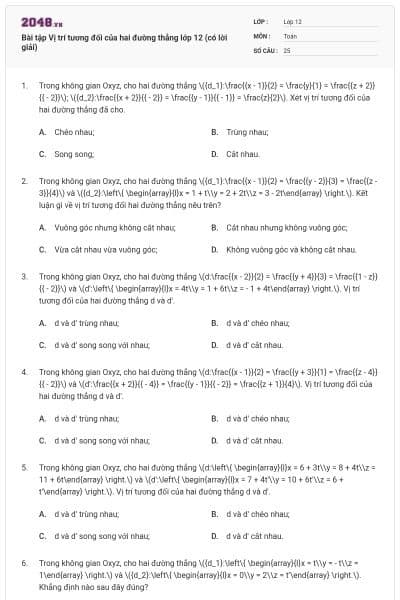 Bài tập Vị trí tương đối của hai đường thẳng lớp 12 (có lời giải)