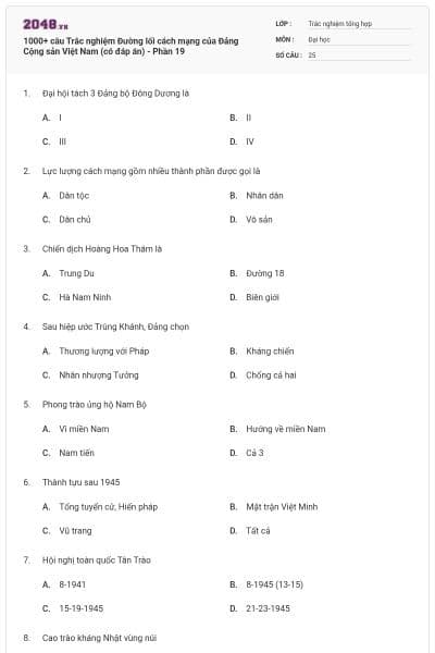 1000+ câu Trắc nghiệm Đường lối cách mạng của Đảng Cộng sản Việt Nam (có đáp án) - Phần 19