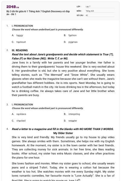 Bộ 3 đề thi giữa kì 1 Tiếng Anh 7 English Discovery có đáp án - Đề 1