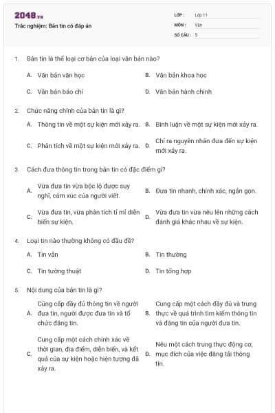 Trắc nghiệm: Bản tin có đáp án
