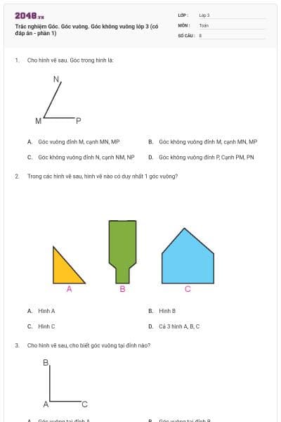 Trắc nghiệm Góc. Góc vuông. Góc không vuông lớp 3 (có đáp án - phần 1)