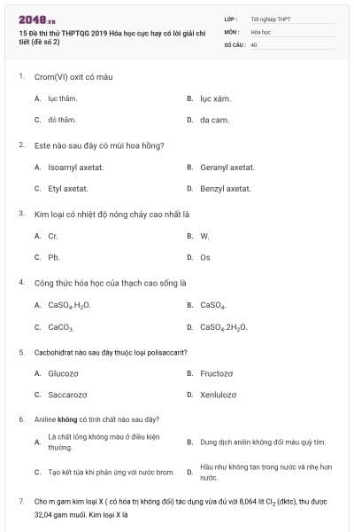15 Đề thi thử THPTQG 2019 Hóa học cực hay có lời giải chi tiết (đề số 2)