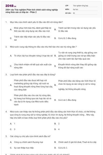 200+ câu Trắc nghiệm Phân tích chính sách nông nghiệp nông thôn sản có đáp án - Phần 2