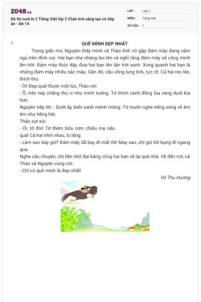 Đề thi cuối kì 2 Tiếng Việt lớp 2 Chân trời sáng tạo có đáp án - Đề 14