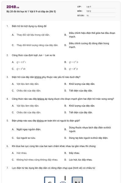 Bộ 20 đề thi học kì 1 Vật lí 9 có đáp án (Đề 5)