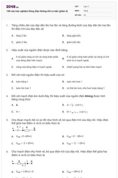 100 câu trắc nghiệm Dòng điện không đổi cơ bản (phần 4)