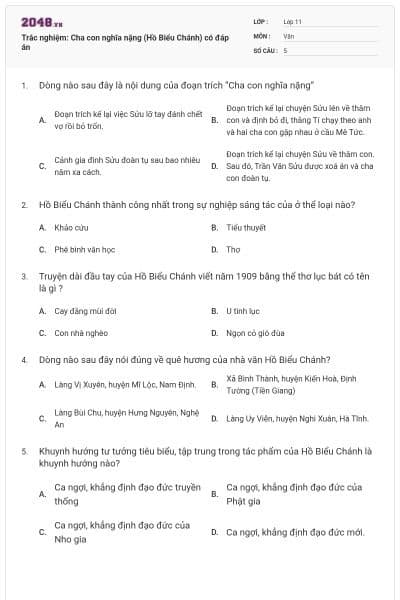 Trắc nghiệm: Cha con nghĩa nặng (Hồ Biểu Chánh) có đáp án