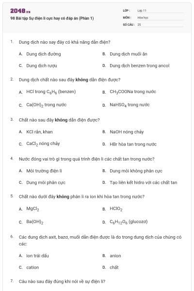 98 Bài tập Sự điện li cực hay có đáp án (Phần 1)