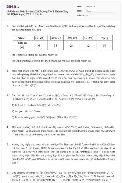 Đề khảo sát Toán 9 năm 2026 Trường THCS Thành Công (Hà Nội) tháng 4/2026 có đáp án