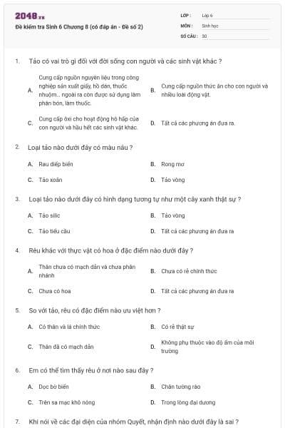 Đề kiểm tra Sinh 6 Chương 8 (có đáp án - Đề số 2)