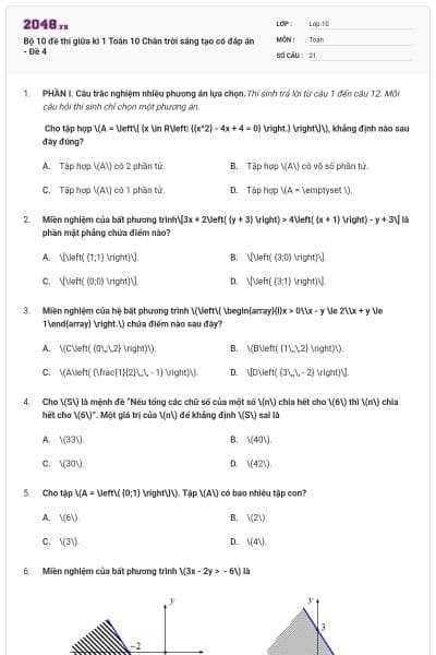 Bộ 10 đề thi giữa kì 1 Toán 10 Chân trời sáng tạo có đáp án - Đề 4