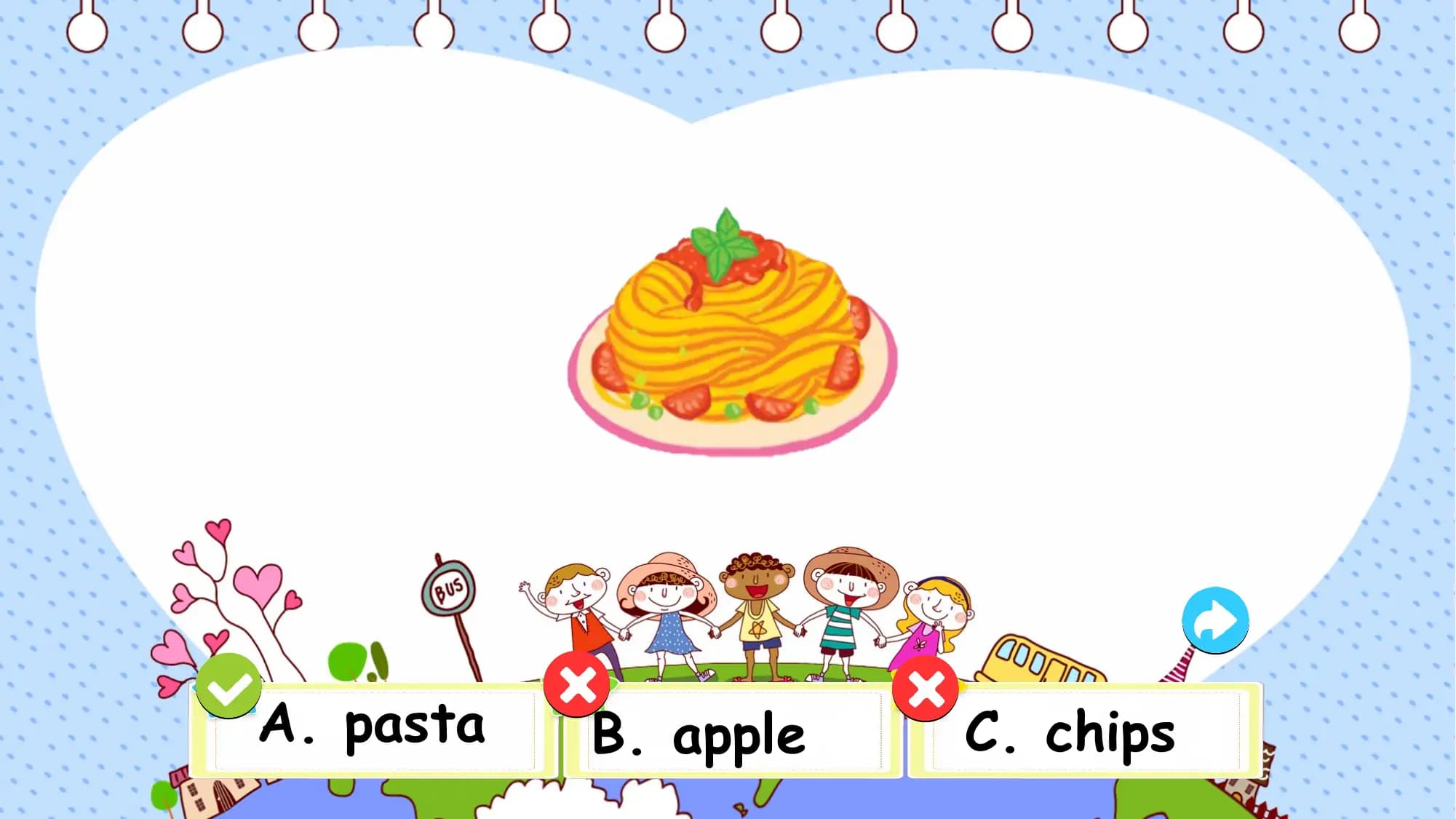 A. pasta B. apple C. chips