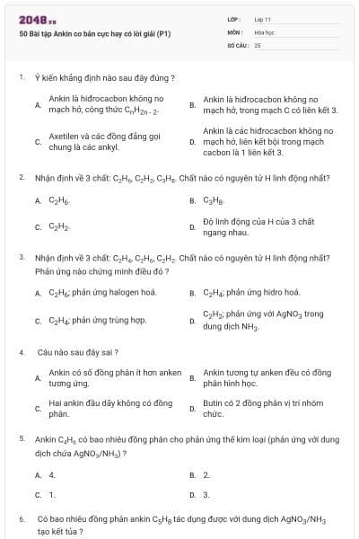 50 Bài tập Ankin cơ bản cực hay có lời giải (P1)