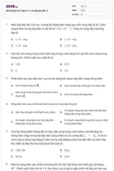 Đề thi Học kì 2 Vật Lí 11 có đáp án (Đề 1)