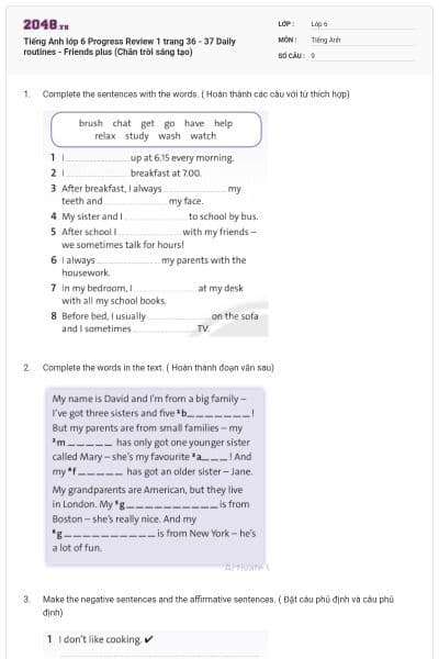 Tiếng Anh lớp 6 Progress Review 1 trang 36 - 37 Daily routines - Friends plus (Chân trời sáng tạo)