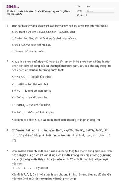 38 Đề thi chính thức vào 10 môn Hóa cực hay có lời giải chi tiết (Đề số 35)