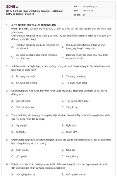 Đề thi Đánh giá năng lực Đại học Sư phạm Hà Nội môn KTPL có đáp án - Đề số 11