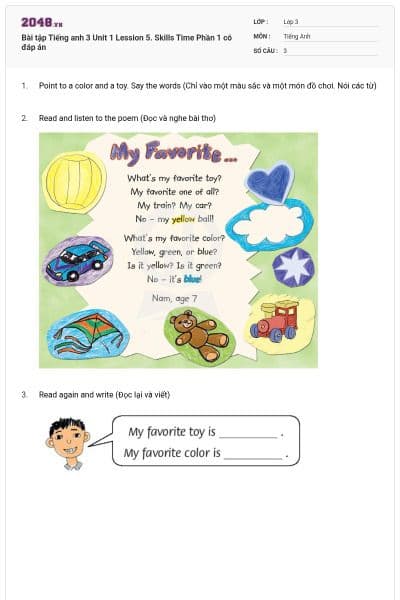 Bài tập Tiếng anh 3 Unit 1 Lession 5. Skills Time Phần 1 có đáp án