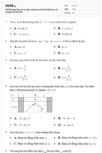 290 Bài tập Hàm số cơ bản, nâng cao từ đề thi Đại học có lời giải chi tiết (P2)