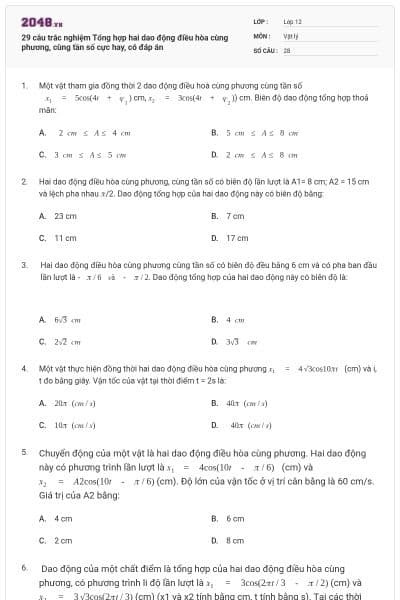 29 câu trắc nghiệm Tổng hợp hai dao động điều hòa cùng phương, cùng tần số cực hay, có đáp án